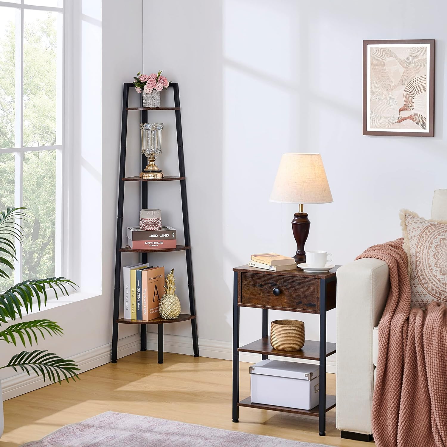 Hoctieon 4-Tier Corner Bookshelf with Rustic Brown Finish