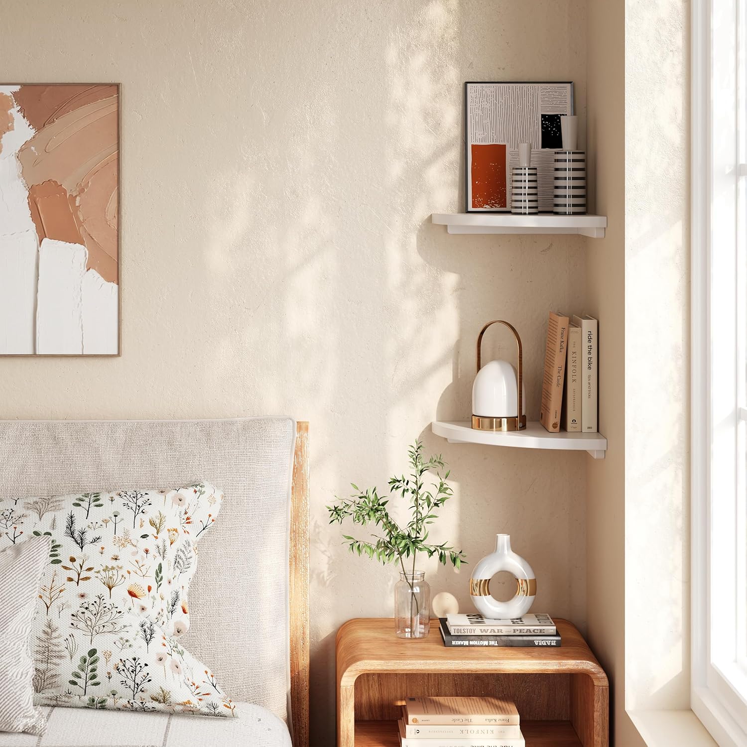 Floating Corner Shelves White 12 Inch Solid Oak 2-Pack