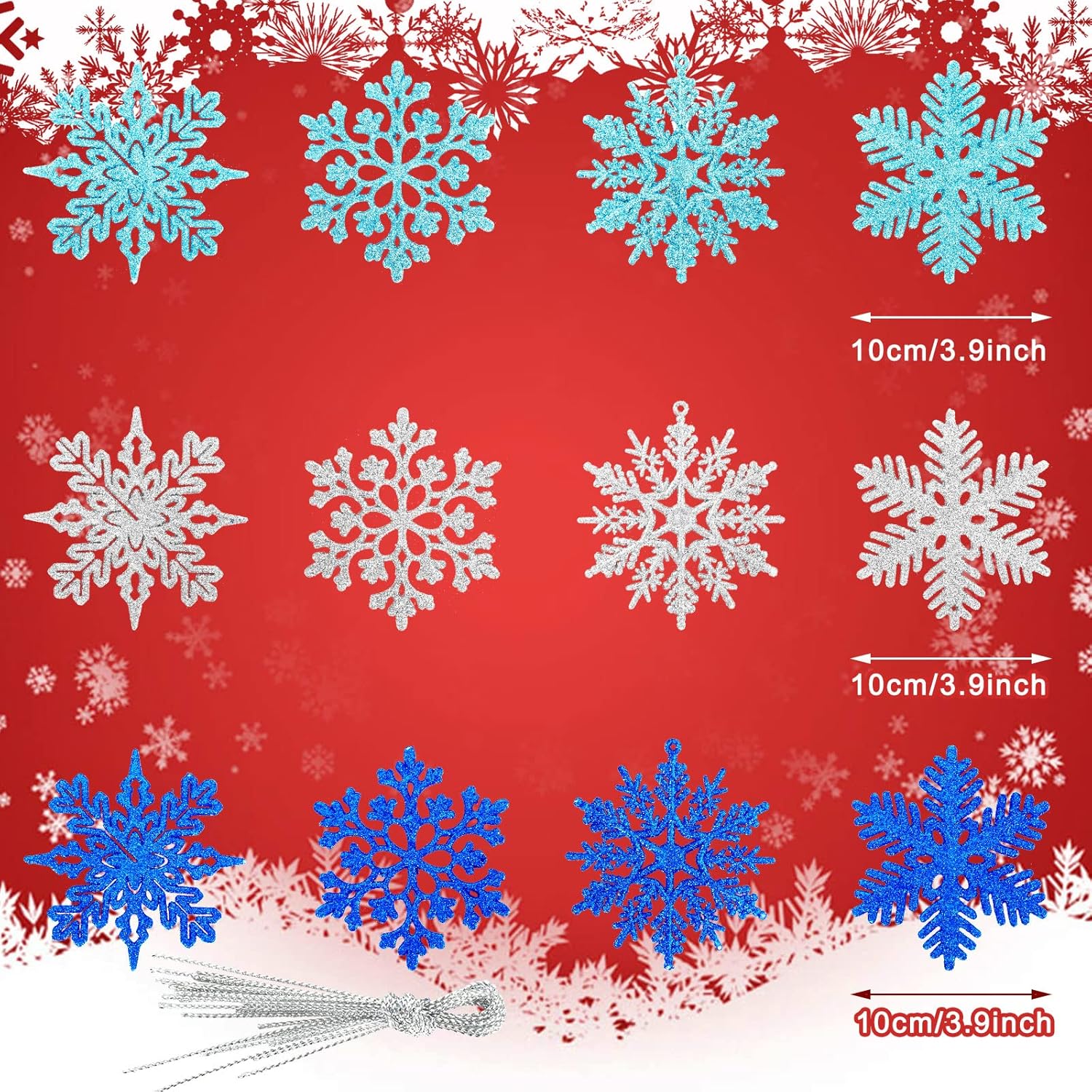 Whaline 48Pcs Glitter Snowflake Hanging Christmas Decor