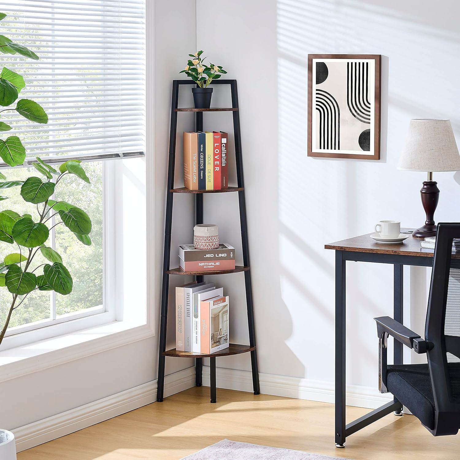 Hoctieon 4-Tier Corner Bookshelf with Rustic Brown Finish